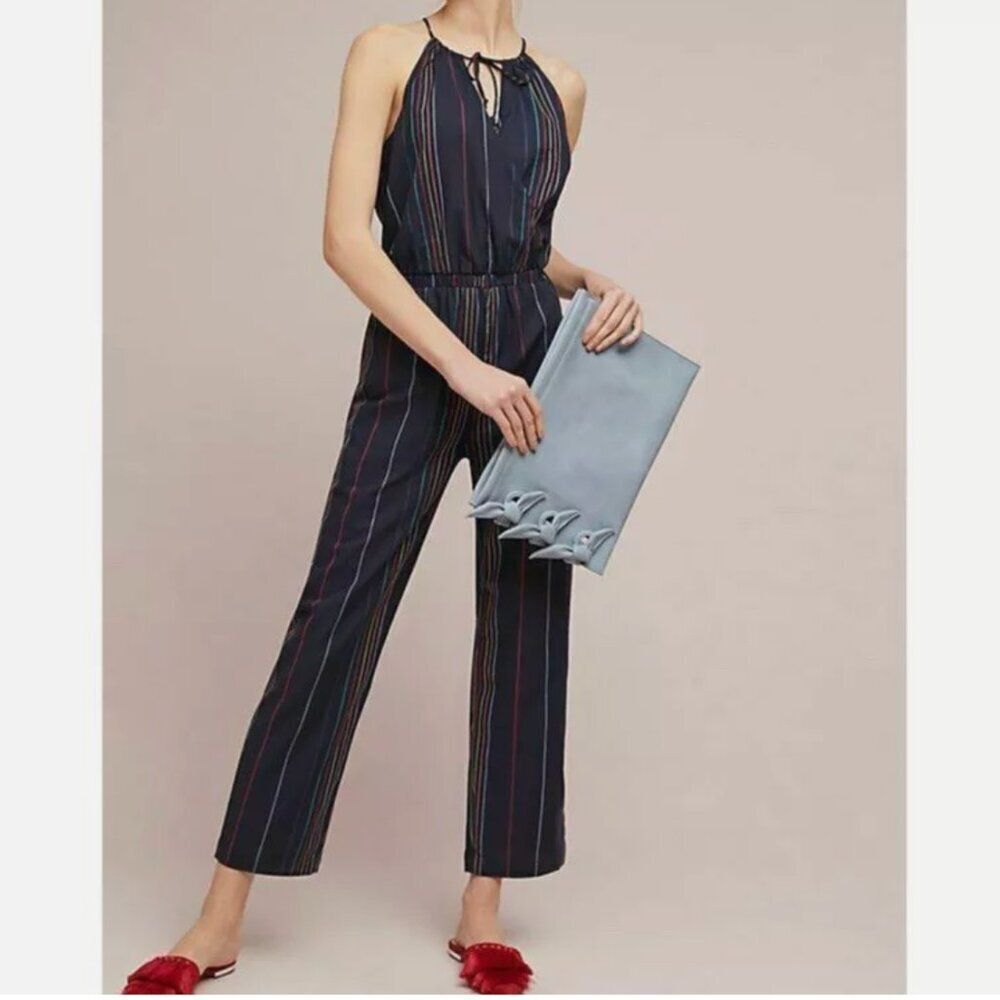 Anthropologie Dolan Left Coast Navy Embroidered Striped Cotton Halter Jumpsuit M